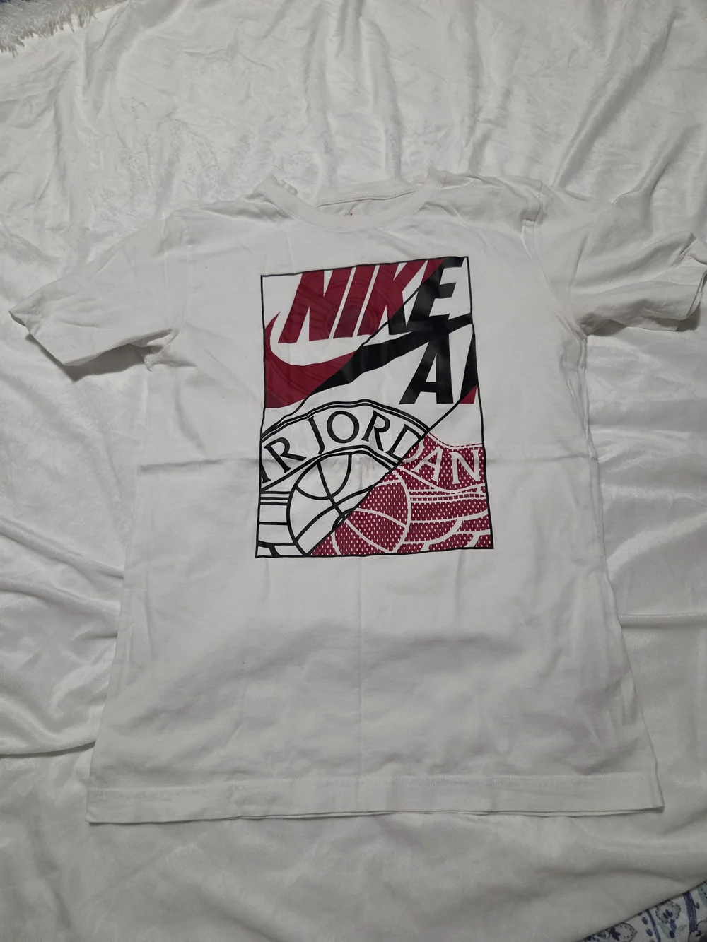 Nike White Short Sleeve Graphic Logo Tee with Red and Black Accents